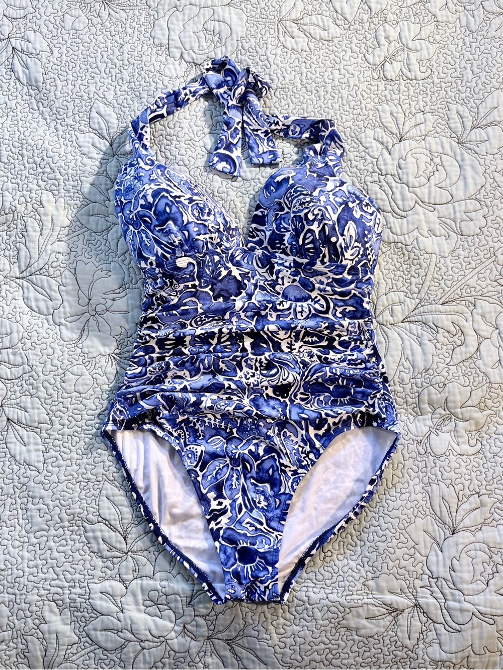 Lauren Ralph Lauren Blue White Floral Halter Swimsuit Tummy Control Ruched~8💛 - Picture 2 of 12